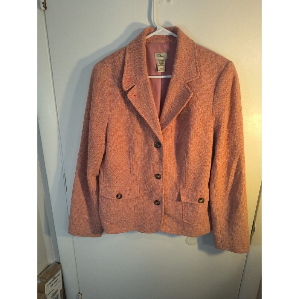 LL Bean Blazer Wool Silk Blend Womens Large Reg Pink Herringbone Tweed Office